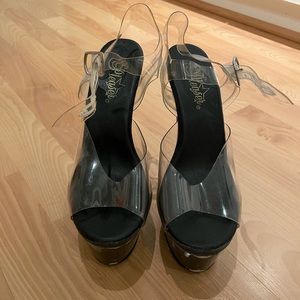 Pleaser Heels Open Toe Black Clear Straps, size 7